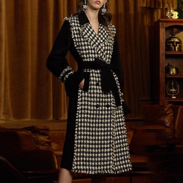 

women's trench coats nanastyle plaid diamonds windbreakers long sleeve lace up tassel female fashion 2021 autumn winter, Tan;black