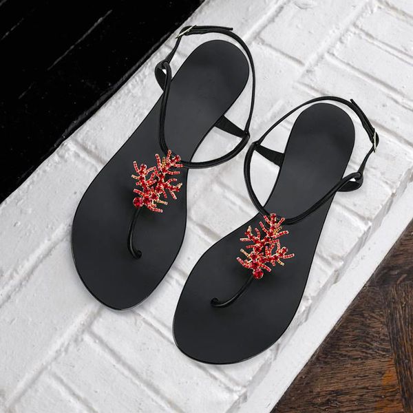 

simple red rhinestone coral sandals summer glitter crystal t-strap clip toe flat leisure beach vacation shoes, Black