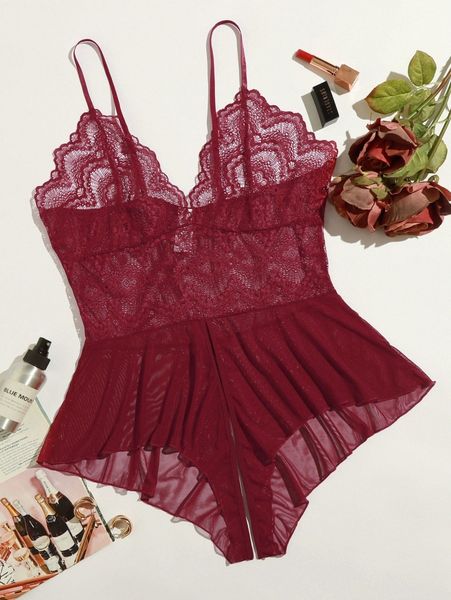 

plus floral lace mesh crotchless teddy bodysuit 73xa#, Black;white