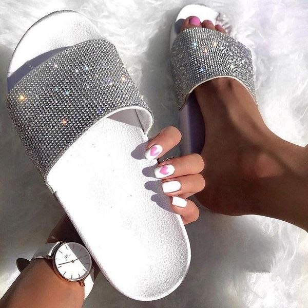 

rhinestone bling beach slides women slippers flip flops summer casual shoes crystal diamondsandals slip on flat footwear, Black