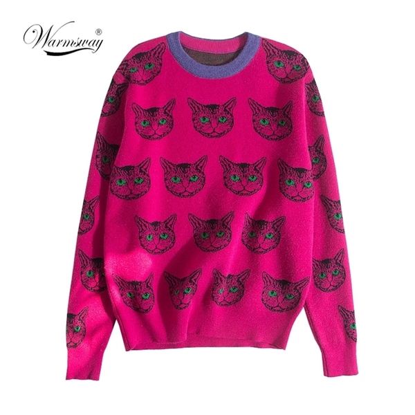 Высокое качество взлетно-посадочной полосы дизайнер кошка печатание вязаные свитера пуловеры женщин осень зима с длинным рукавом Harajuku сладкий джемпер C-192 210522