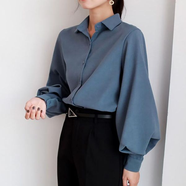 

women's blouses & shirts women blouse vintage turn-down collar spring autumn lantern sleeve white shirt black ladies casual female