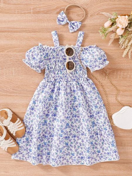 

toddler girl ditsy floral shirred frill cold shoulder dress she, Red;yellow