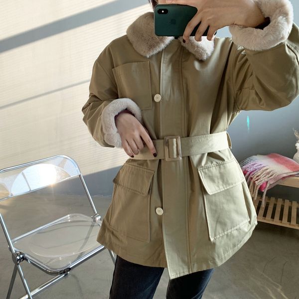 

women's down & parkas 2021 winter lining imitation rabbit trench thin korean coat long sleeve bandage cotton-quilted jacket clothes, Black