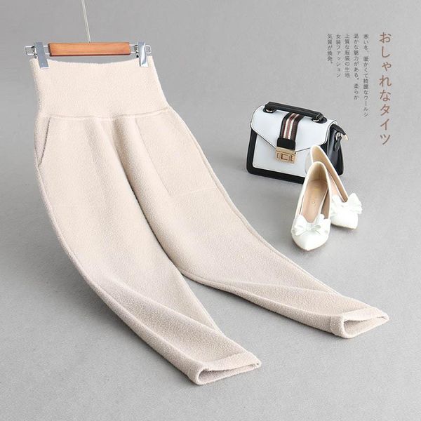 

women's pants & capris innasofan trousers women fall-winter knitted imitation mink cashmere high waist fashionable thick warm with pock, Black;white