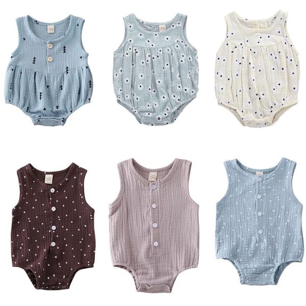 

jumpsuits 2021 summer infant baby cotton linen romper 0-18m girls full floral print sleeveless soft playsuit boy jumpsuit 7 colors, Blue