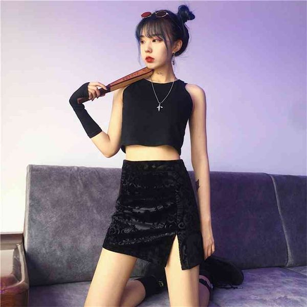 

summer women's skirts korean style solid color retro slit high waist short slim and thin a-line female ll605 210506, Black