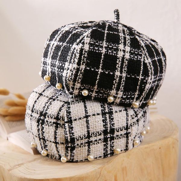 

berets octagonal hat pearl english retro painter winter fashion belle, Blue;gray