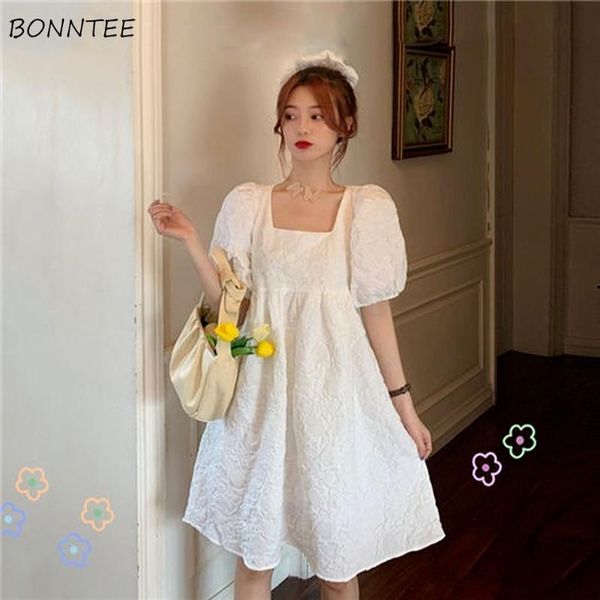 

casual dresses dress women solid elegant bandage fairy a-line puff sleeve french style high waist lady square collar all-match leisure vesti, Black;gray