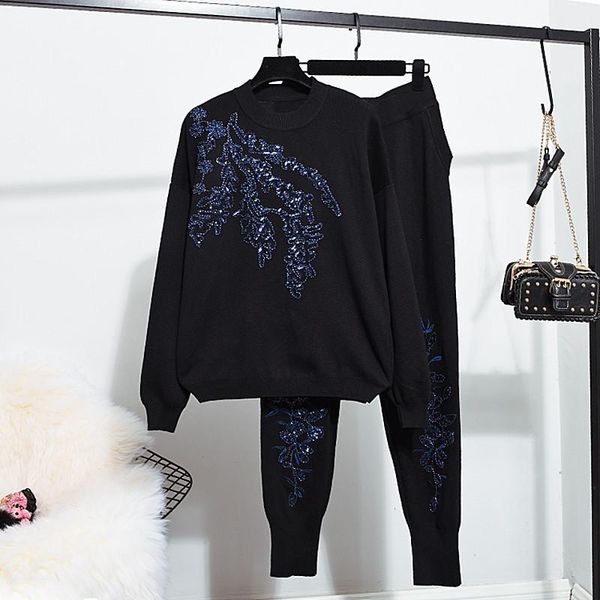

two piece dress 2021 autumn womens tracksuit set beading embroidery long sleeve knitted sweaters + casual small feet pants women tide, White