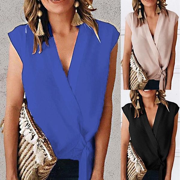 

women's blouses & shirts solid color deep v-neck blouse summer sleeveless casual office street wear g5hi, White