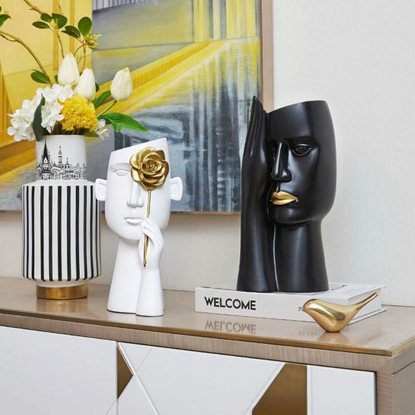 

vases minimalist portrait resin sculpture black human head vase flower pot office desk decor arrangement home decoration