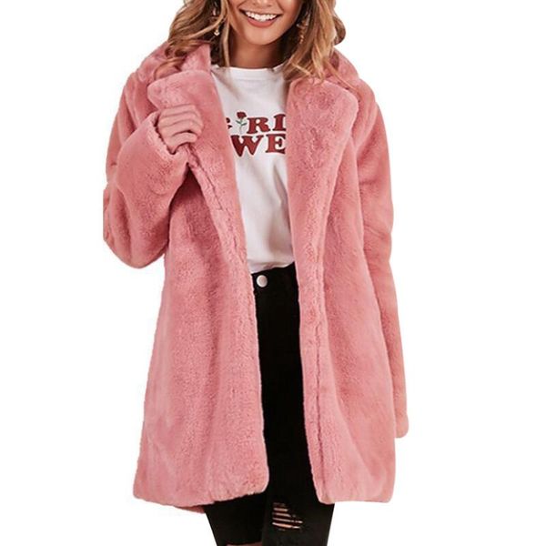

women's fur & faux 2021 coat autumn winter solid warm overcoat for female streetwear elegant europe cardigan outwear, Black