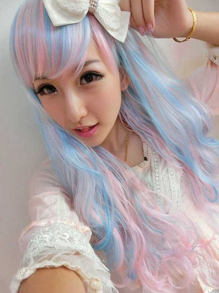 

female long curly hair cos animation japane harajuku wig powder mixed with blue, Black