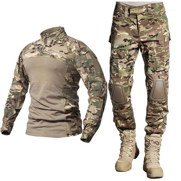 Camuflagem Caça Pesca Ao Ar Livre Uniforme Tático de Combate Tático Camisa Exército Vestuário Tops Multicam Camisas Calças Joelho Conjuntos