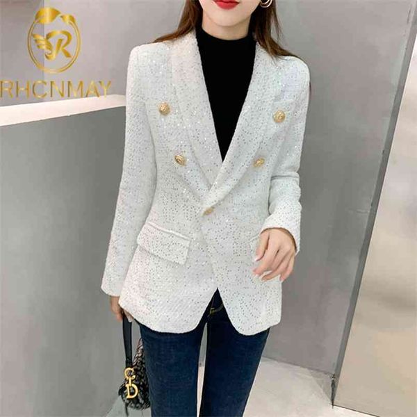 

runway designer coat women's double breasted metal button long sleeve notched collar jacket wool blends tweed 210506, Black;brown