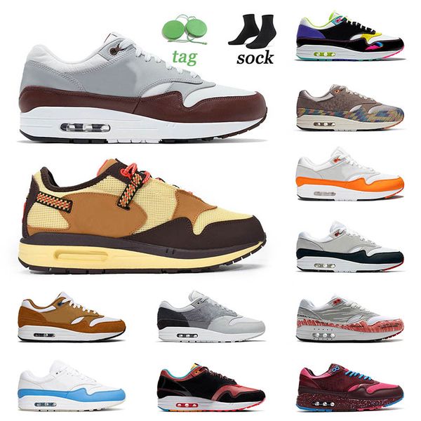 

2021 running shoes air max 1 brown leather parra university blue black schematic evergreen aura breathable sport athletic sneakers shoe