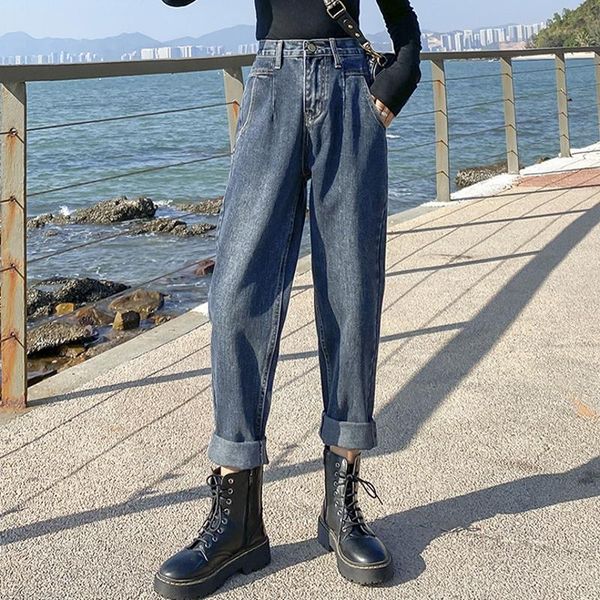 

spring slouchy jeans korean women fashion pockets denim high waist wide legs pant women's, Blue