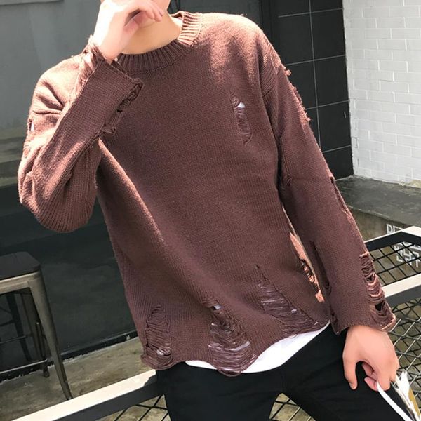 

men's sweaters men autumn winter distressed vintage with hole hip hop pullover man street punk jumper sueter korean style, White;black