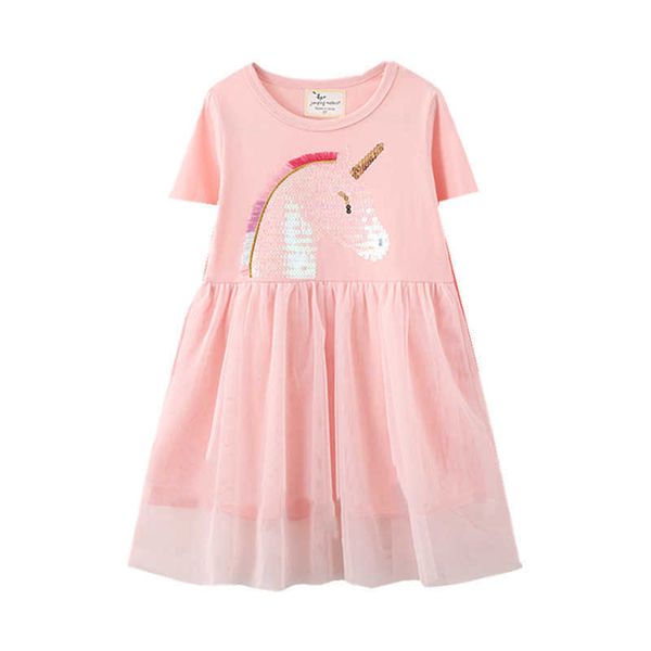 

jumping meters princess girls dresses for summer kids beading clothes cute unicorn baby frocks 210529, Red;yellow