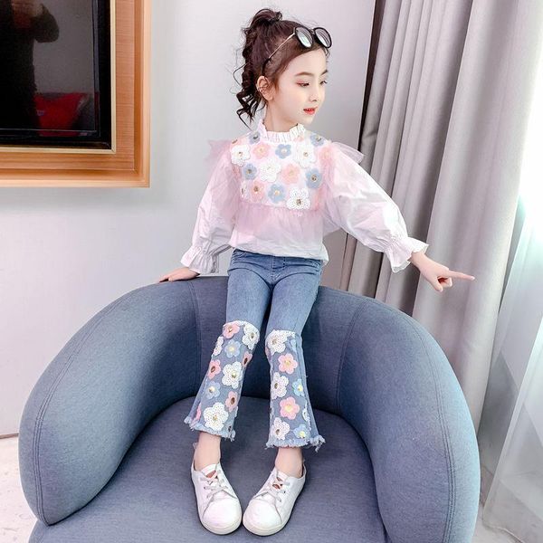 

summer kids clothes set for girl flower blouse shirt and jeans children outfits girls fashion casual clothing suits q19 sets, White