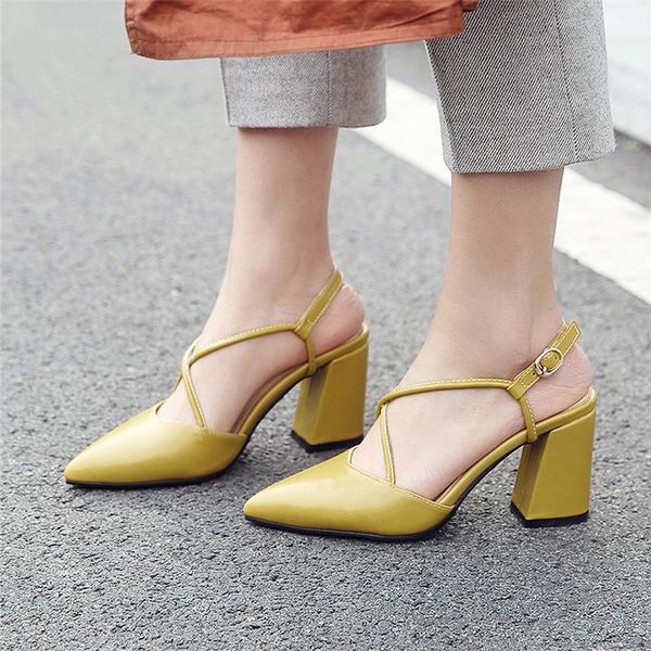 

plus size 34-46 summer women square heels shoes slingbacks ankle strap pointed toe ladies high heel pumps 7cm height sandals, Black