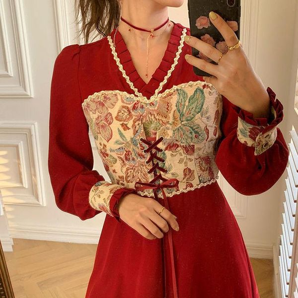 

casual dresses patchwork party dress women spring elegant designer lace midi female print french retro korean 2021, Black;gray