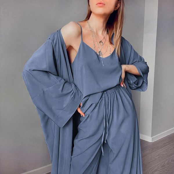 

women's sleepwear home suit for women pajama batwing sleeve trouser suits strap set woman 3 pieces satin nightie elegant robe sets, Black;red