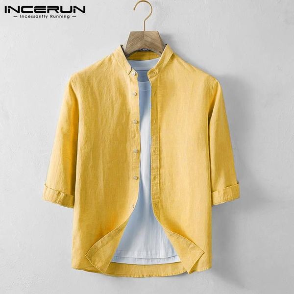 

men's casual shirts solid color men shirt stand collar 3/4 sleeve cotton button 2021 streetwear camisas hombre harajuku s-3xl incerun, White;black
