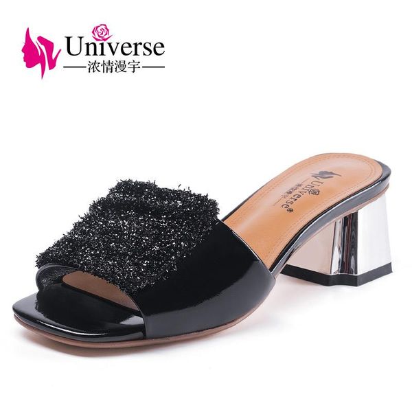 

slippers universe 2021 summer outdoor ladies med heel shoes cow leather sandals slipper h082, Black