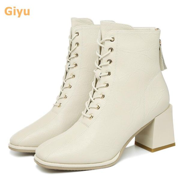 

boots giyu 2021 autumn ankle brand fashion high heel lace up boot women's thick motorcycle shoes, Black