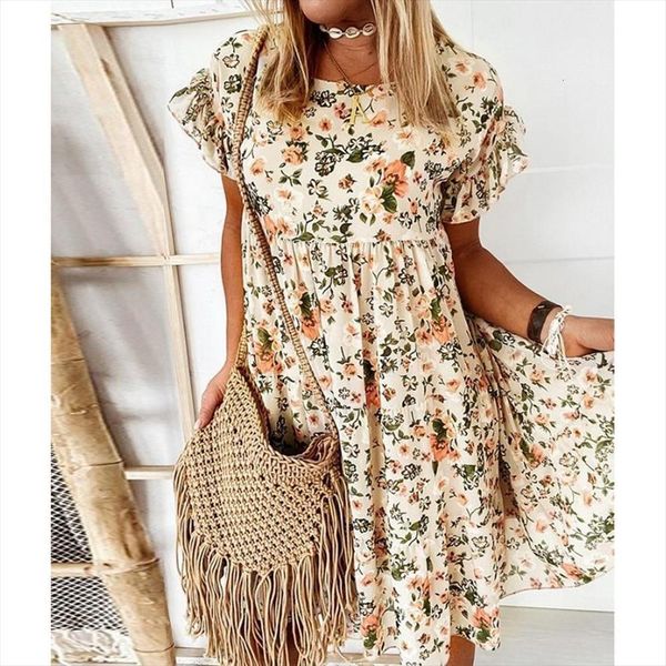 

summer casual floral print boho women dress short sleeve fashion loose ruffles mini dresses for robe femme, Black;gray