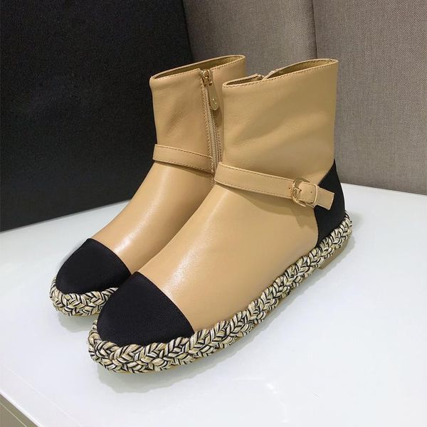 

boots 2021 ladies leather belt buckle basic apricot black straw flat bottom ankle boot fashion women