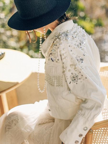 

women's jackets irinams062 spring summer 2021 original design arrivals pearl beading white denim jacket women, Black;brown