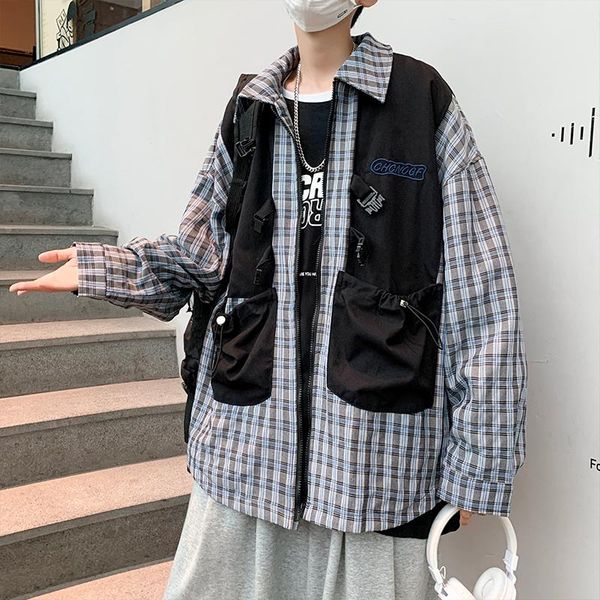 

men's jackets fake two-piece plaid shirt male design sense niche hair stylist high-level jacket tide spring and autumn long-sleeve, Black;brown