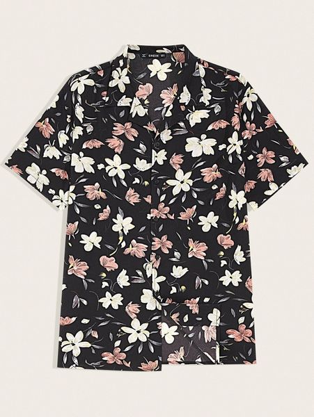 

men notched collar floral print shirt w9po#, White;black