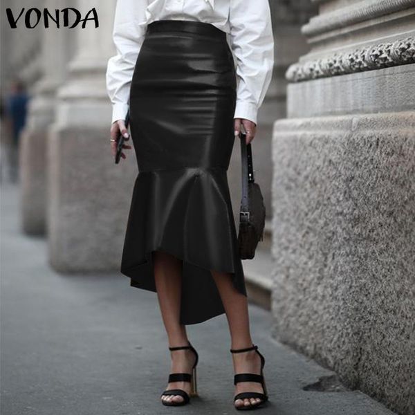 

skirt elegant women pu leather 2021 vonda asymmetric party skirt high waist hip long skirts mujer plus size, Black