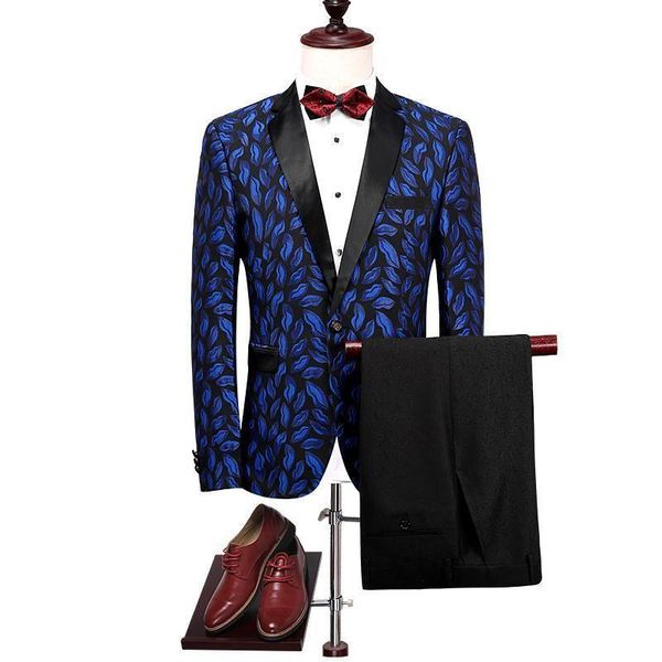 

men's suits & blazers (jacket+pants) royal blue suit floral prom costume homme mariage slim fit printed black mix color blazer, White;black