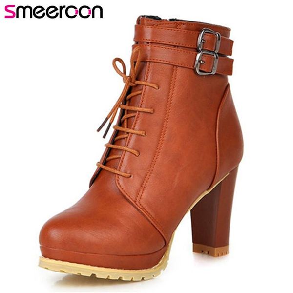 

boots smeeroon 2021 platform shoes round toe women zip+buckle ankle super high heels autumn winter, Black