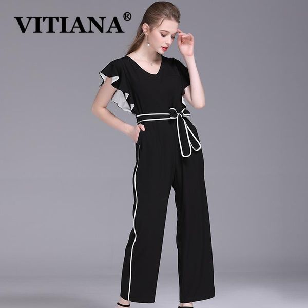 

women's jumpsuits & rompers vitiana women casual black jumpsuit summer female elegant v-neck ruffles sleeve lace up fashion ladies clot, Black;white