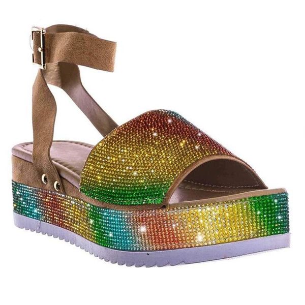 

rimocy 2021 summer bling crystal sandals women ankle strap thick platform shoes woman plus size rhinestone sandalias, Black