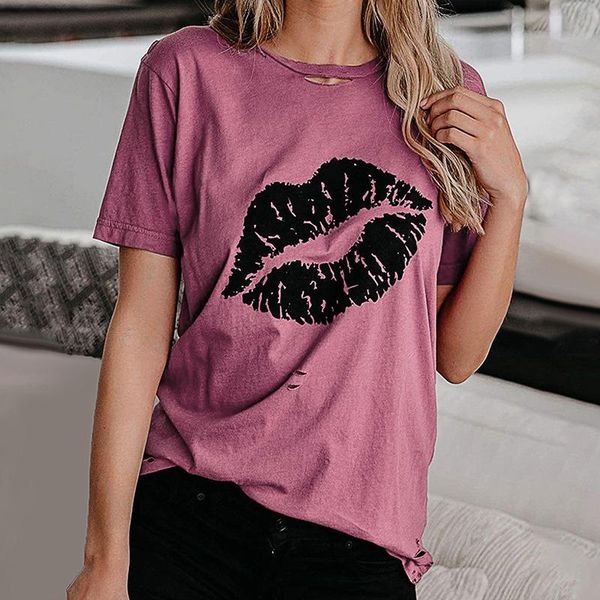 

women's t-shirt simple solid color short-sleeved personality lip printing round neck slim casual shirt, White