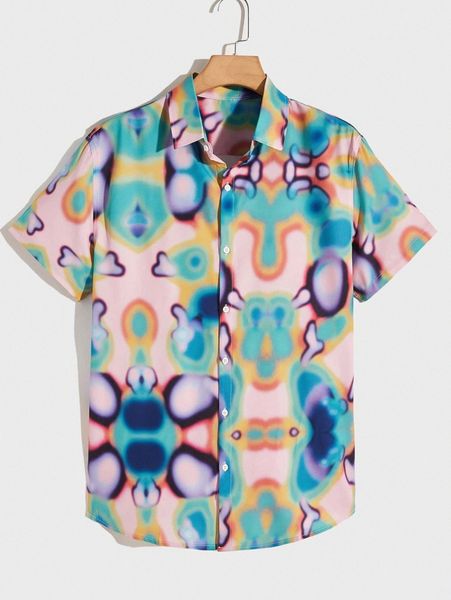 

romwe guys all over print button front shirt w62u#, White;black