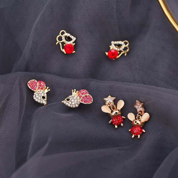 

stud 2021 chinese lucky jewelry s925 silver plated earrings for women men inlaid zircon zodiac mouse year wedding gift, Golden;silver