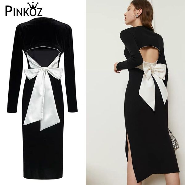 

celebrity vintage bow hollow out midi dress for women spring long sleeve black bodycon party dresses vestidos mujer 210421, Black;gray