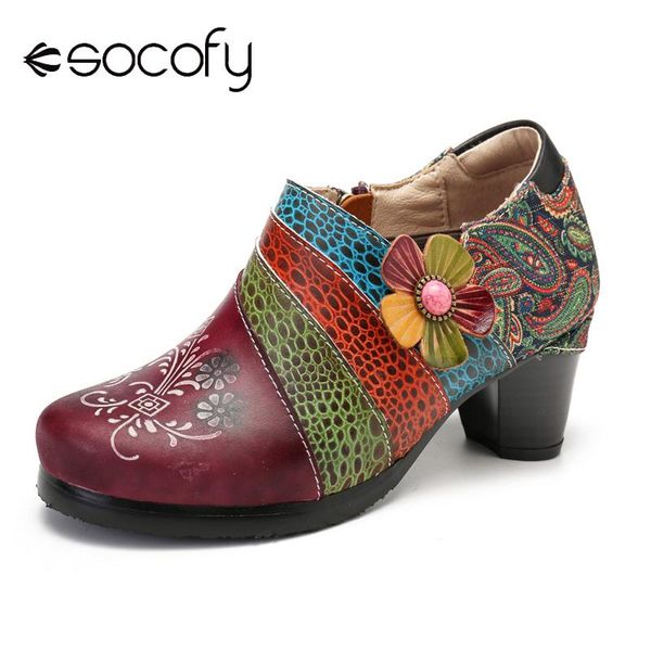 

dress shoes socofy retro embossed pattern splicing florals slip on zipper women pumps elegant botas mujer 2021, Black
