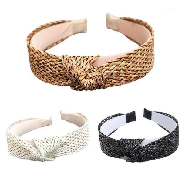 

bohemian handmade coarse woven knit headband women girl twist knotted wide hair hoop hollow out solid color beach straw headwear accessories