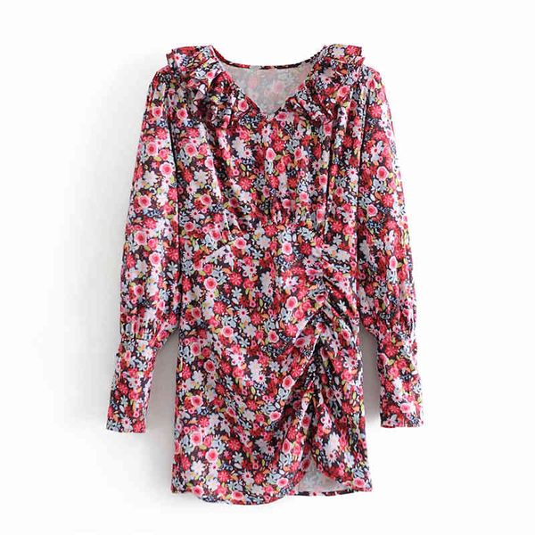 

elegant women cascading ruffles v-neck dresses fashion ladies floral print dress vintage female draped asymmetric vestidos 210427, Black;gray