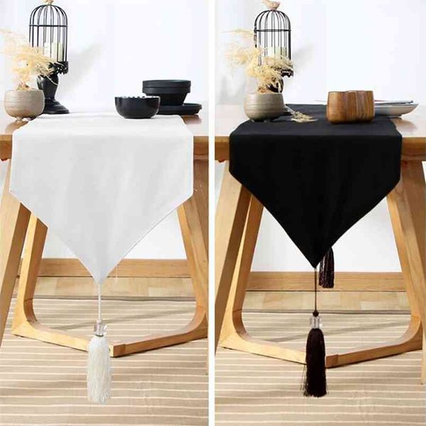 Runner da tavolo semplici e moderni in tinta unita bianco/nero con nappe decorative in cotone per la copertura di mobili, tè, tessuti per la casa 210708