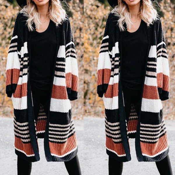 

women's jackets autumn winter large size loose striped color block cardigan sweater for women jacket, Black;brown